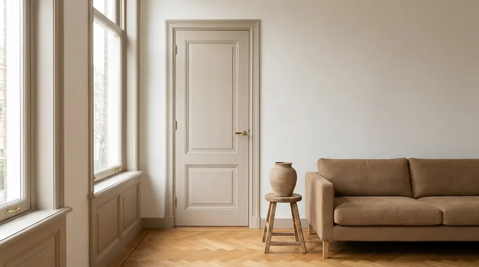 Geschilderde kozijnen en een interieur in aardetinten